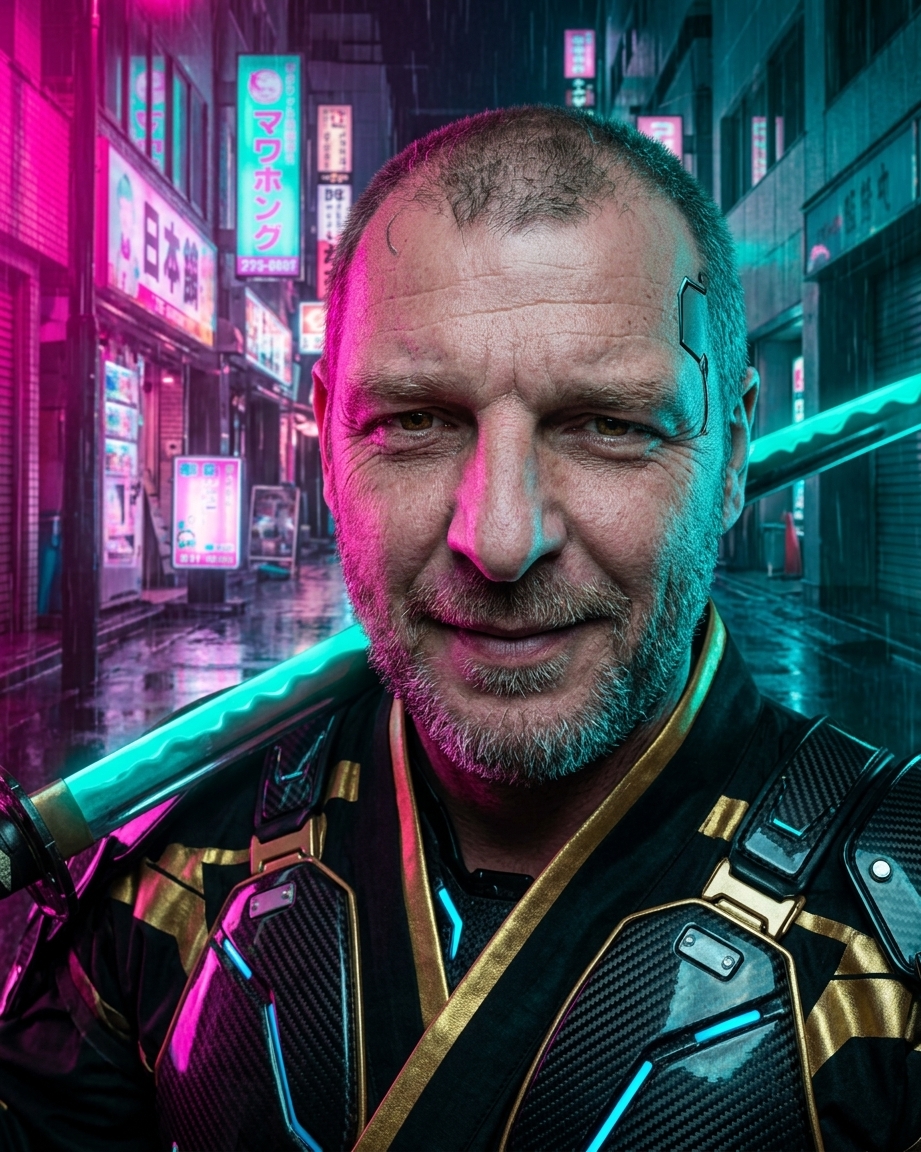 Cyberpunk samuraj - AI portrét Ján Mika